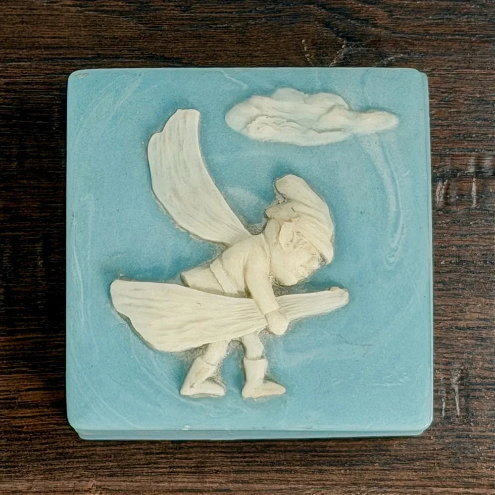 Vintage‎ Jewelry Trinket Box Small Blue Man Mythical Man Elf Fairycore USA